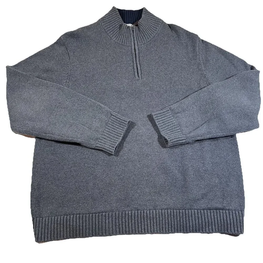 LL Bean 1/4 Zip Grey Cotton Knit Mock Neck Pullover Sweater Men's Size XL